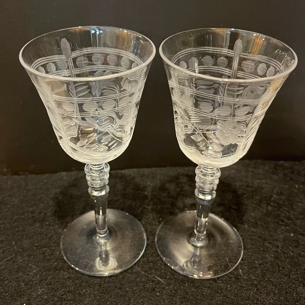 Vintage Etched Cordial Aperitif Glasses Set of Two